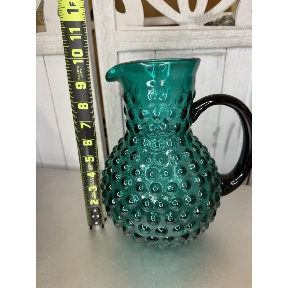 Vintage Hobnail Large Blown Glass Green Pitcher Applied Handle Victorian